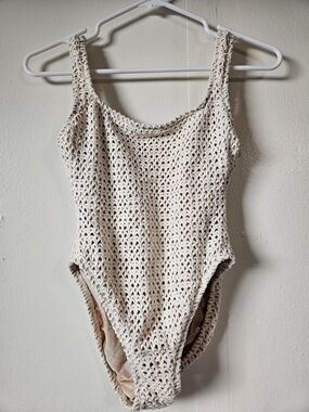 VTG 90s Baja Blue Crochet One Piece Swimsuit Metallic Gold Cream High Cut Size 6